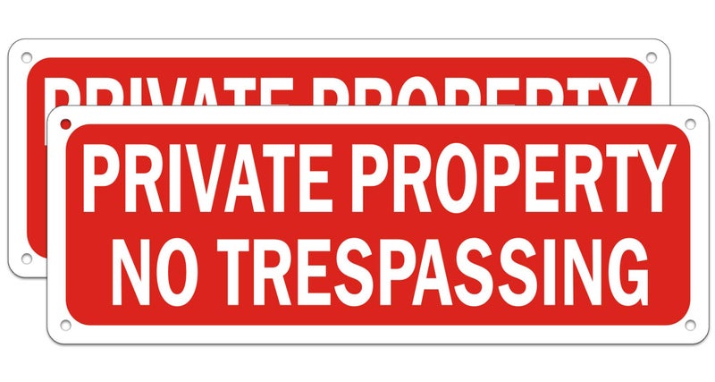 MongFun No Trespassing Signs Private Property Security Warning Metal Yard Sign Reflective Red Aluminum for Garden Outdoor Indoor Gates Weatherproof Rust Free Easy Installation (2 Pack 10 x 3.5 inches) - Image 1